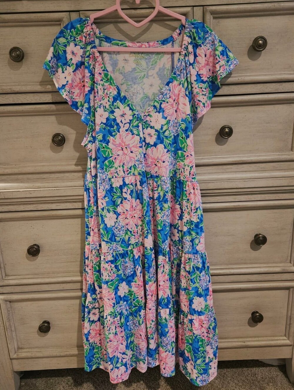 Lilly Pulitzer Blue Floral V-Neck Tiered Dress with Pink Flowers